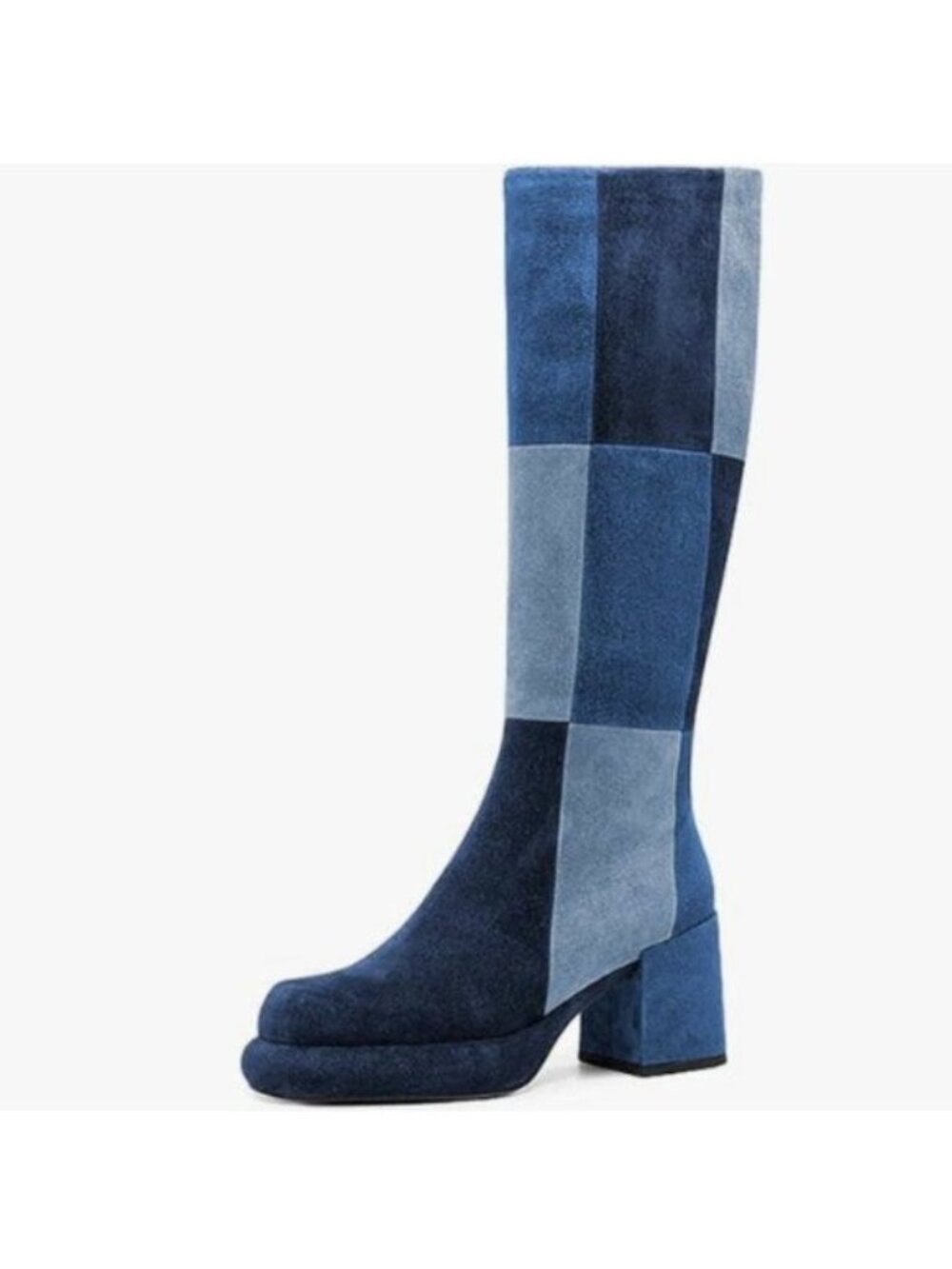 miss left Women Platform Knee High Boots Closed Round Toe Mid Chunky Heel Blue